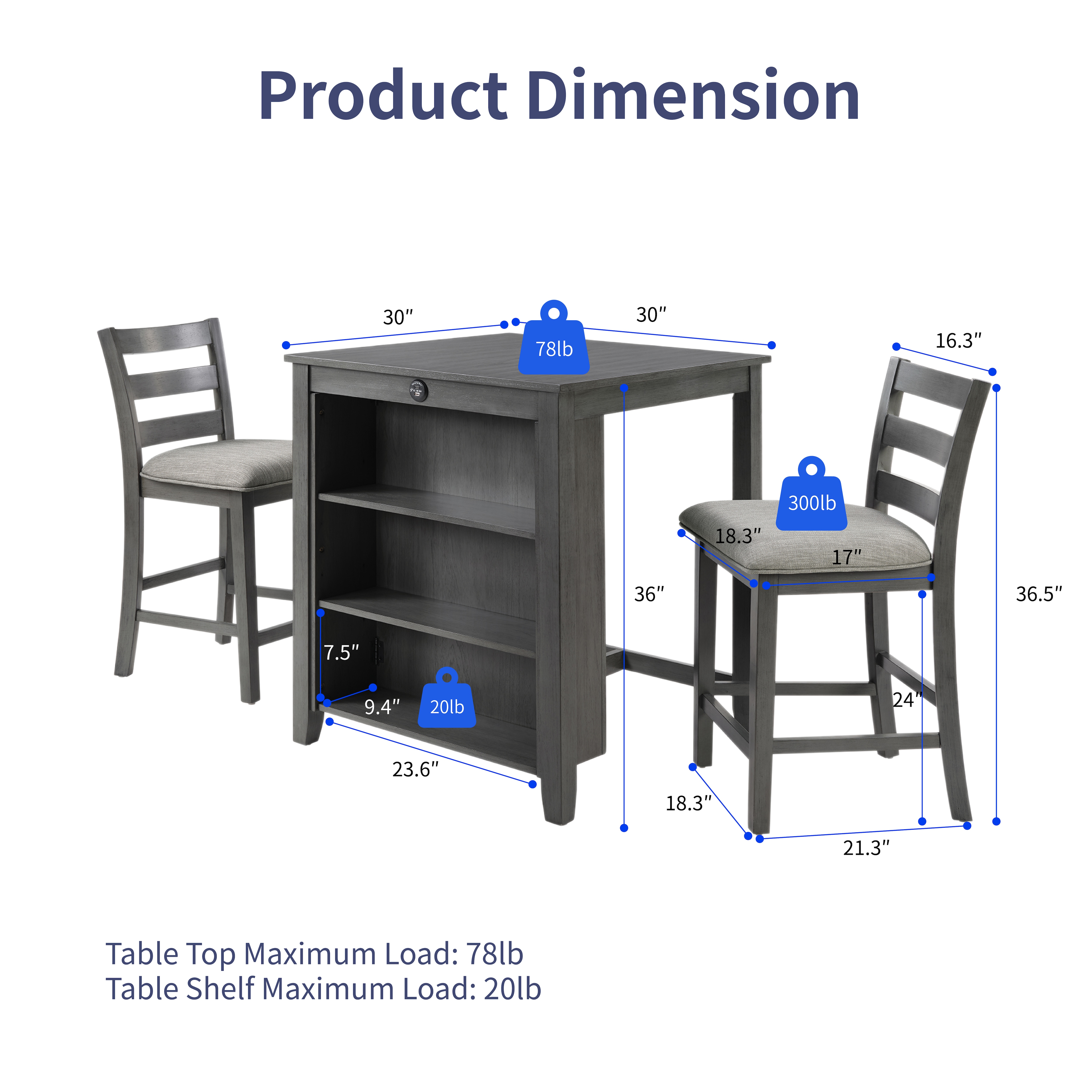 30" Modern Dining Table Set For 2 With Charging Station & 3-Tier Adjustable Storage | Space-Saving Kitchen Set With Upholstered Chairs For Small Spaces, Apartment,Gray_voghion.com